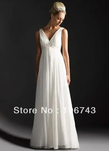 

free shipping 2016 new style Sexy brides maid dresses v-neck white chiffon Custom size crystal beading empire wedding dress