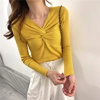 

Fashion Women's spring and autumn V-neck solid color long-sleeved knitted T-shirt