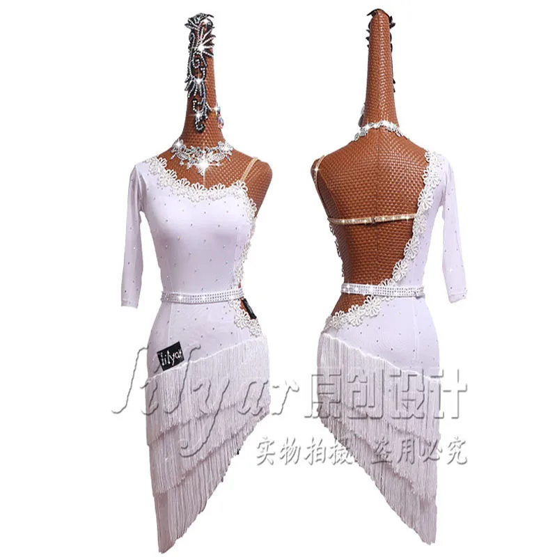 Dance Dress Latin Skirt Sparkly Rhinestone Customize Children Tassel