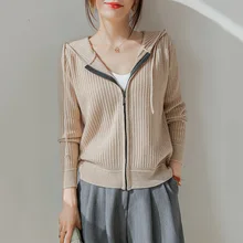 

FOR Cashmere Cardigan Women's 2021 New Zipper Sweater Casual Pure Color 100% Wool Knitted Ladies To Hooded Collar plus size hot