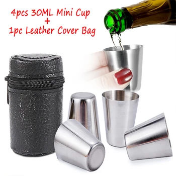 

4Pcs/set Polished 30ML Mini Stainless Steel Shot Glass Cup Wine Drinking Glasses with Leather Cover Bag for Home Kitchen Bar