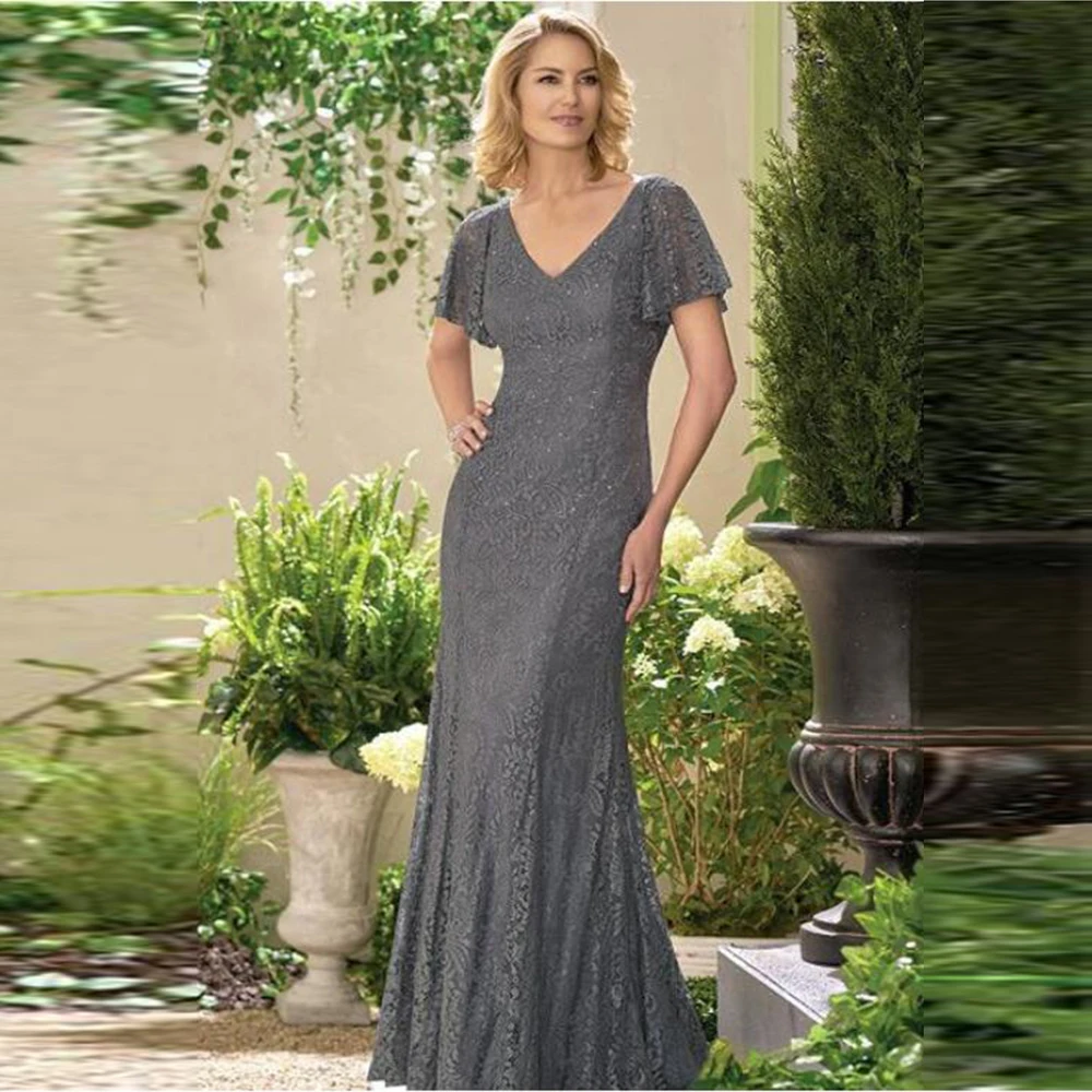 

Graceful 2020 New Gray Lace Mermaid Short Sleeve Mother of the Bride Dresses V Neckline Wedding Guest Gowns Back Out