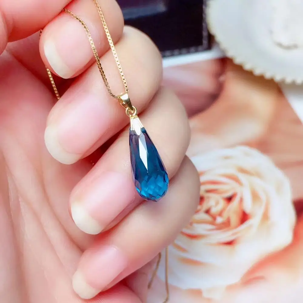 Elegant simple water drop natural blue topaz gem Pendant natural gemstone pendant 18k yellow gold Women girl party gift jewelery