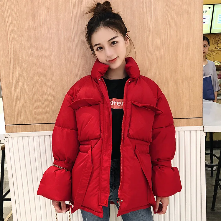 

Short Cotton Coat Women's 2019 New Style Solid Color Stand Collar Waist Lace-up Beam WOMEN'S Cotton Padded Clothing Short-height