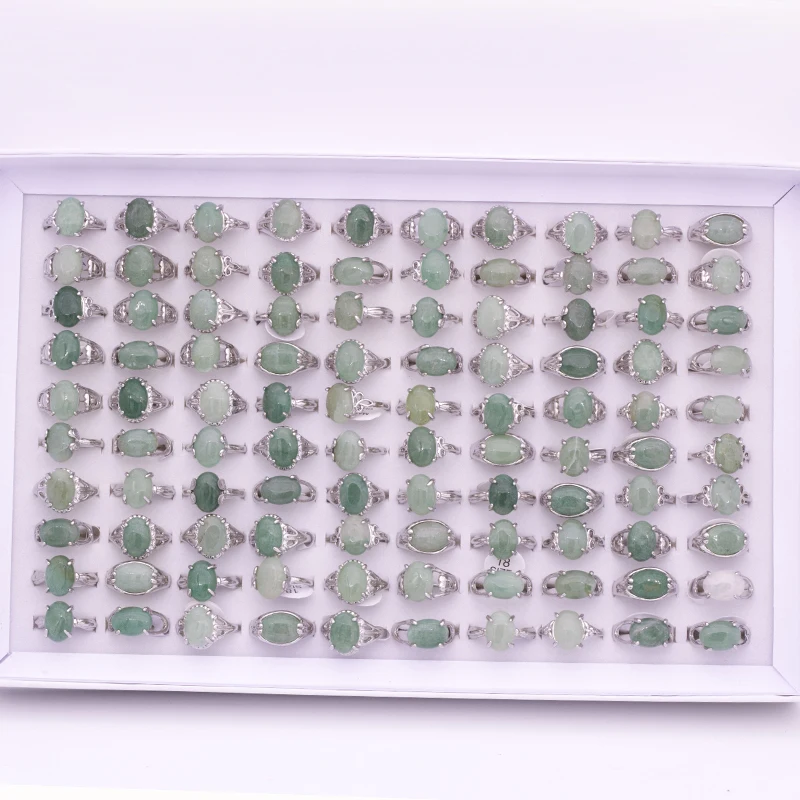 25PCS Random Natural Stone Finger Rings For Women Oval Shape Real Light Green Stone Rings Party Wedding Mom Gift Accessory