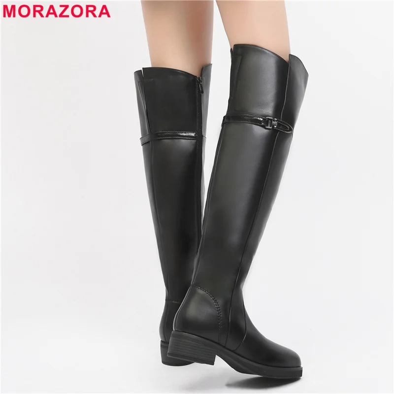 MORAZORA/Большие размеры 35-43; сапоги из натуральной кожи; женские сапоги на толстой овечьей шерсти; теплые зимние сапоги; качественные Зимние Сапоги выше колена