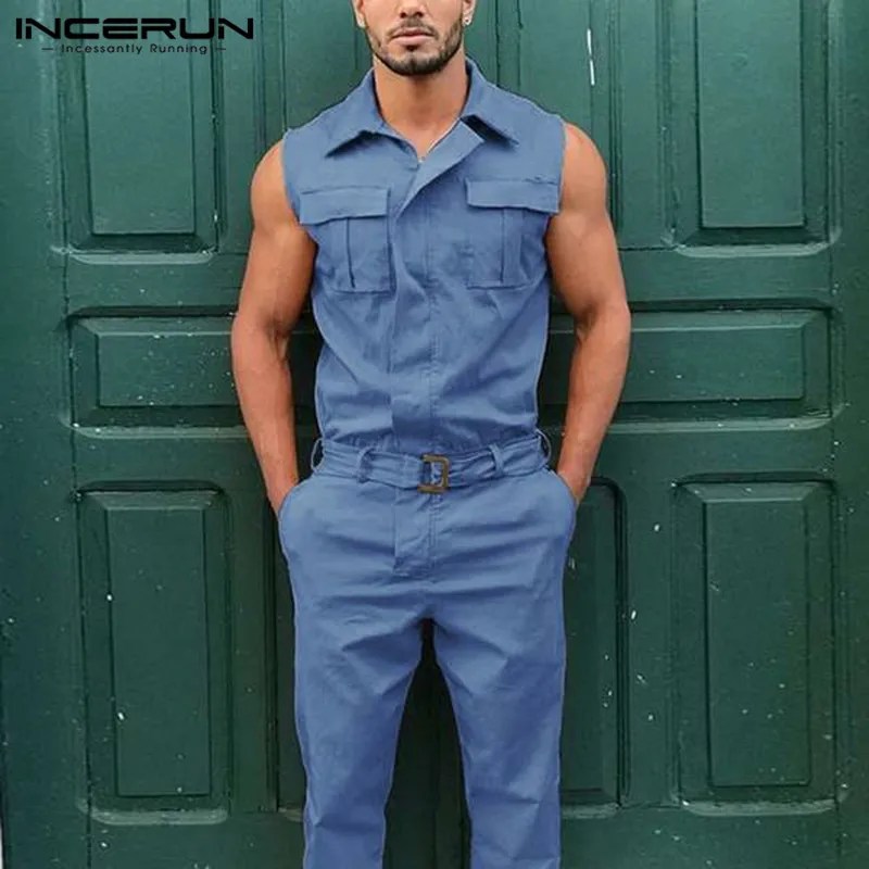 Pants Jumpsuit Rompers Cargo Overalls Streetwear INCERUN Fashion Men Solid-Color Casual