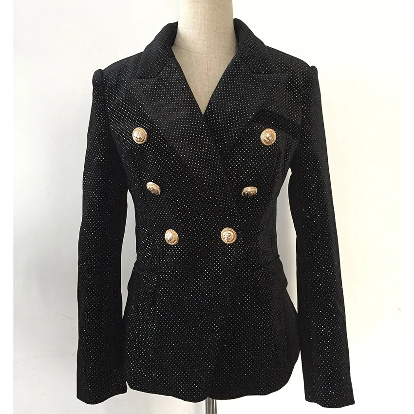 

2019 Autumn And Winter Hot Selling Coat Double Breasted Lion Metal Buckle Silver Highlights Slim Fit Velvet Suit Women's