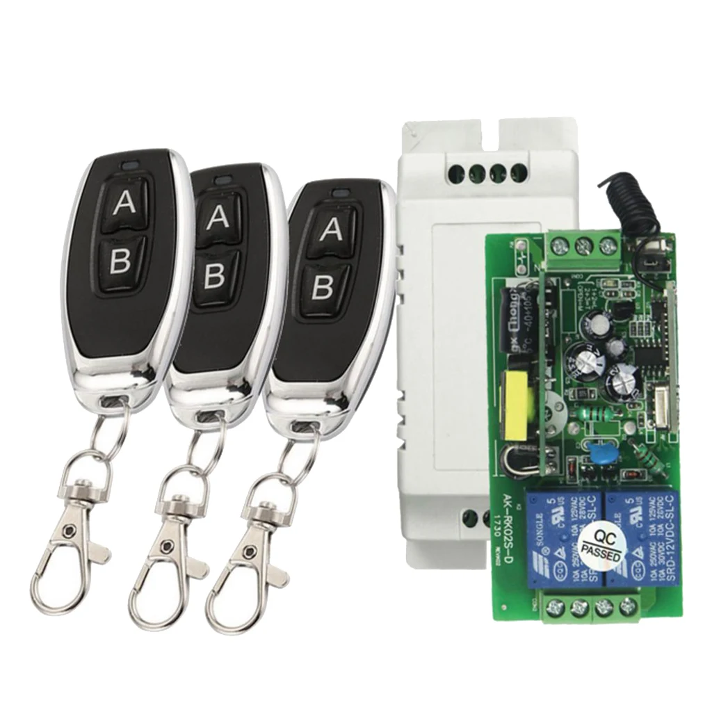 433MHz Wireless Remote Control Switch AC 85-250V 2 CH Relay Receiver Module + 3 RF  For Garage Door Openers, Cars, LED Lights