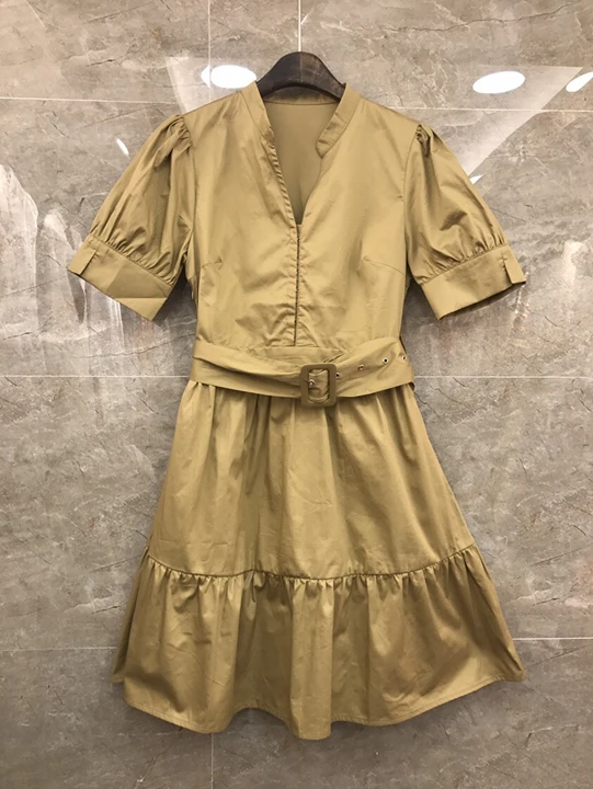 Новое осенне-зимнее женское платье с коротким рукавом и v-образным вырезом с поясом 1026