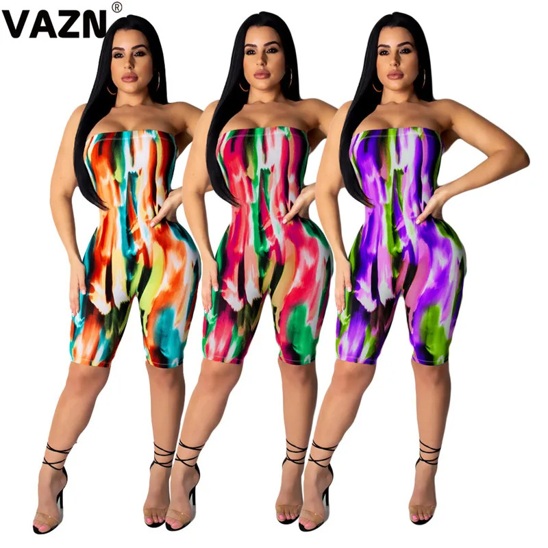 VAZN new design bandage strapless lady print high street women jumpsuit sleeveless short pant playsuits sexy club wind rompers