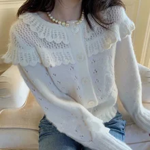 

Kawaii Korean Sweet Ruffle Sweater Coat Hollow Out Women Cardigans Knit Single Breasted Long Sleeve Knitwear Autumn Spring 2021