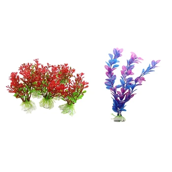 

6 Pcs Plastic Plant Decor for Fish Tank Aquarium , 5 Pcs Red Green & 1 Pcs Purple Blue