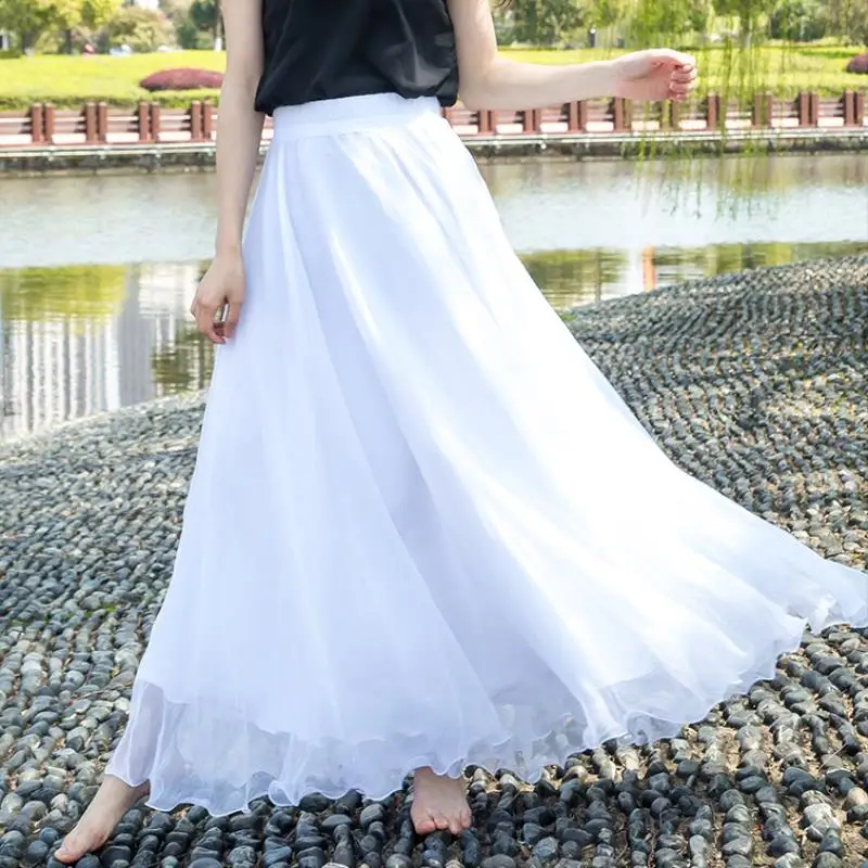 

Women Bling Long Skirts Sexy Chiffon Solid Ankle-Length Chiffon Skirt Jupe Femme Summer Elegant Party Skirts Saia Longa Faldas