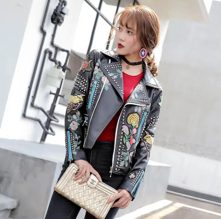 Women Floral Print Embroidery Faux New Soft Leather Jacket Coat Turn-down  Collar