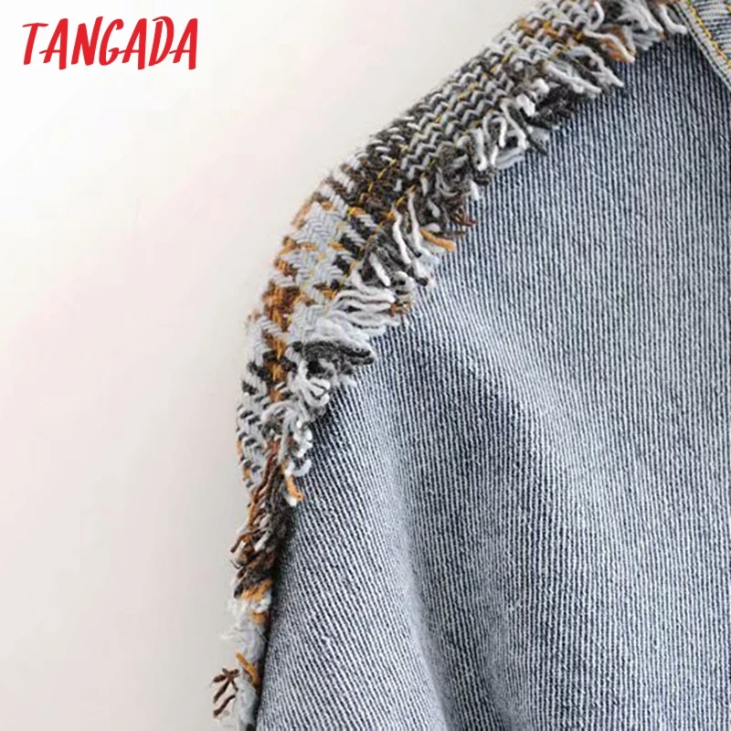 Tangada модная женская клетчатая Лоскутная джинсовая куртка повседневный стиль Свободное пальто с длинным рукавом карманы бойфренд стиль Топы 6P14