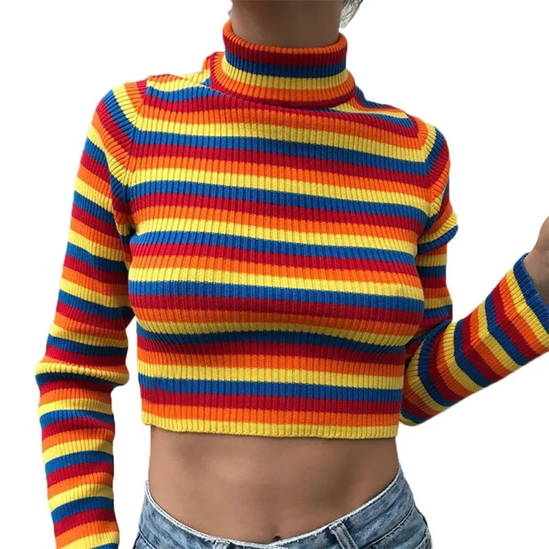 

Women Turtleneck Full Sleeve Rainbow Sweater Top Slim Crop Top Pullover Striped Sweater New Arrived