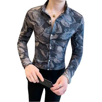 

Fashion 2020 Spring Floral Shirt Men New Arrival Digital Print Tuxedo Shirt Dress Long Sleeve Slim Fit Night Club Casual Blouses