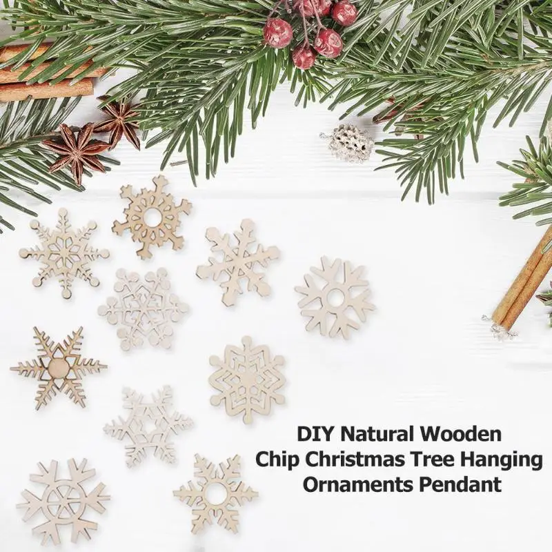 10pcs Christmas Wooden Snowflake Shape Hanging Ornament Charms Drop Pendant