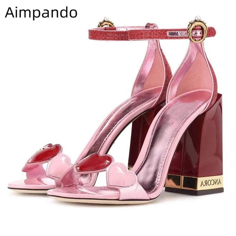 

Sweet Pink Love-heart Gladiator Sandals Women Carved Letter Chunky Heel Ankle Strap Cover Heel Rhinestone Banquet Shoes Woman