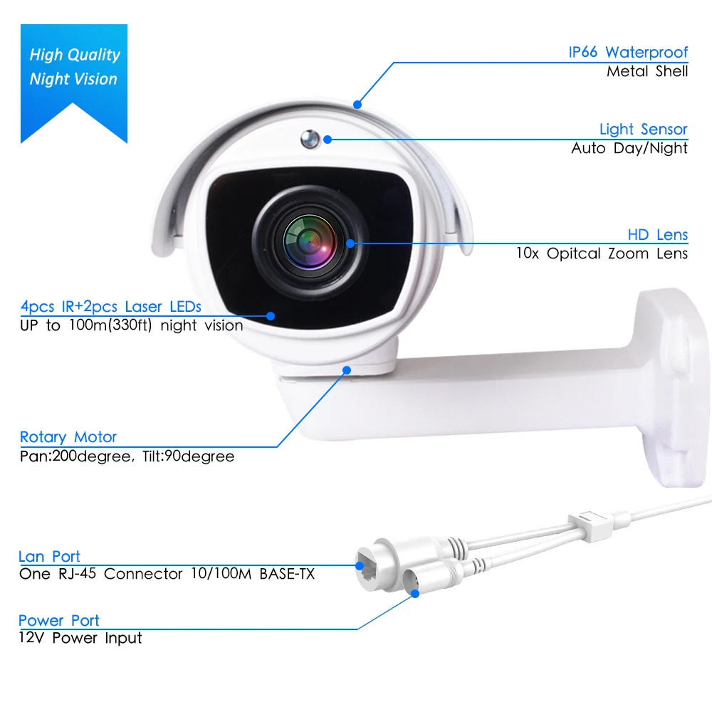 Наружная IP камера PoE PTZ 2 МП 5 Мп супер HD 2592x1944P 10x оптический зум система