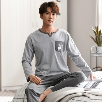 

Men's pajamas set O-neck two-piece home service cotton pajamas 2020 winter pajamas lounge long-sleeved trousers printing