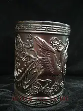 

YIZHU CULTUER ART Collection China Old Redwood Carving Dragon Phoenix Statue Brush Pot Decoration