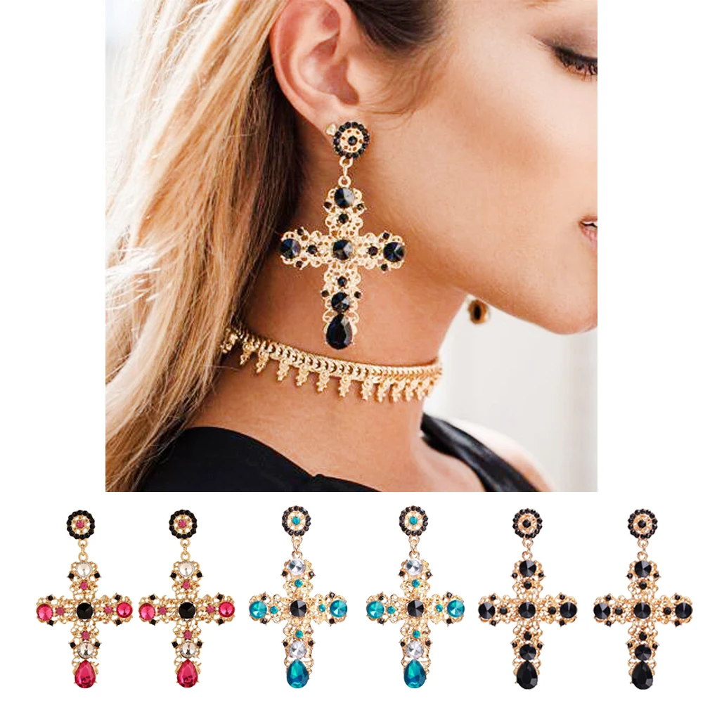 

New Fashion Earring Vintage Boho Crystal Cross Drop Earrings for Women Baroque Bohemian Large Long Earrings Jewelry Brincos