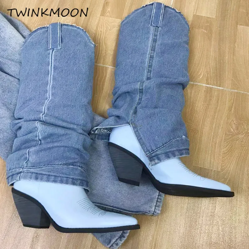 Blue Jean Cowboy Boots For Women Casual Design Knee High Boots Leather Spike Heel Wedges Embroidered Leather Women's Boots