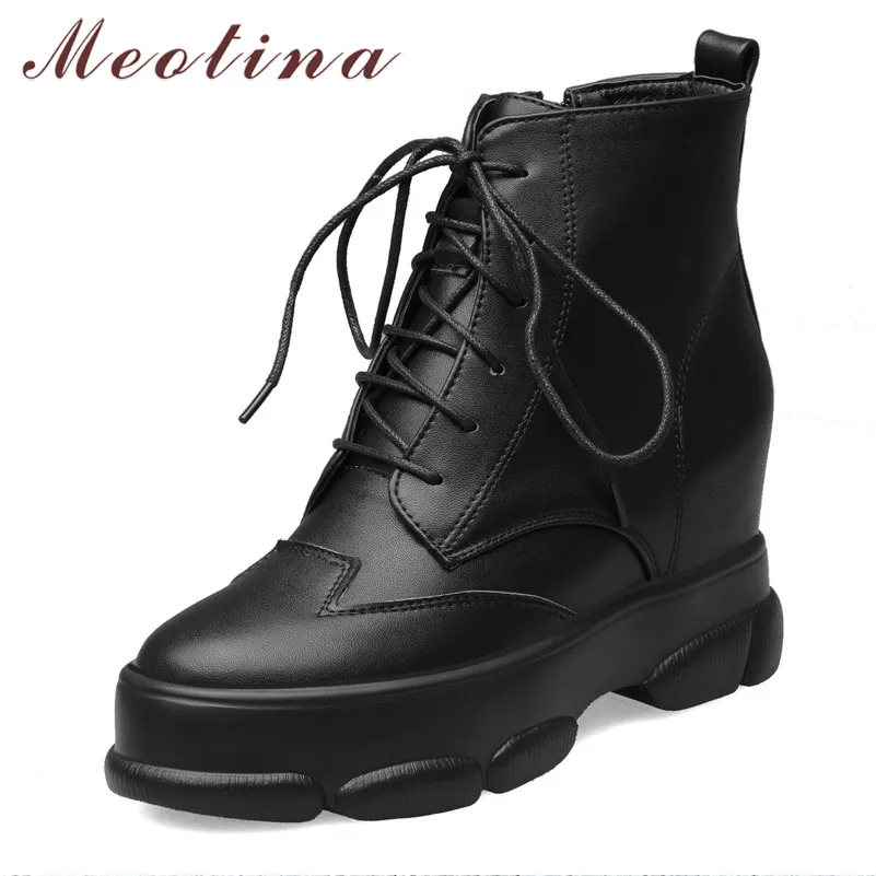 

Meotina Autumn Ankle Boots Women Lace Up Height Increasing High Heel Short Boots Zipper Round Toe Shoes Lady Winter Big Size 43