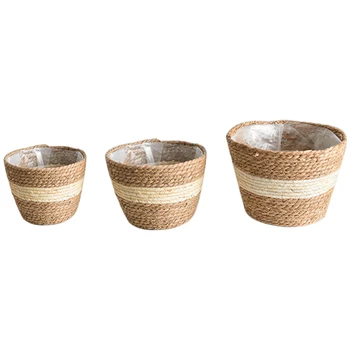 

3pcs Home Decor Planter Basket Rustic Natural Gardening Seagrass Flower Pot Storage Box Countertop Leakproof Indoor Outdoor