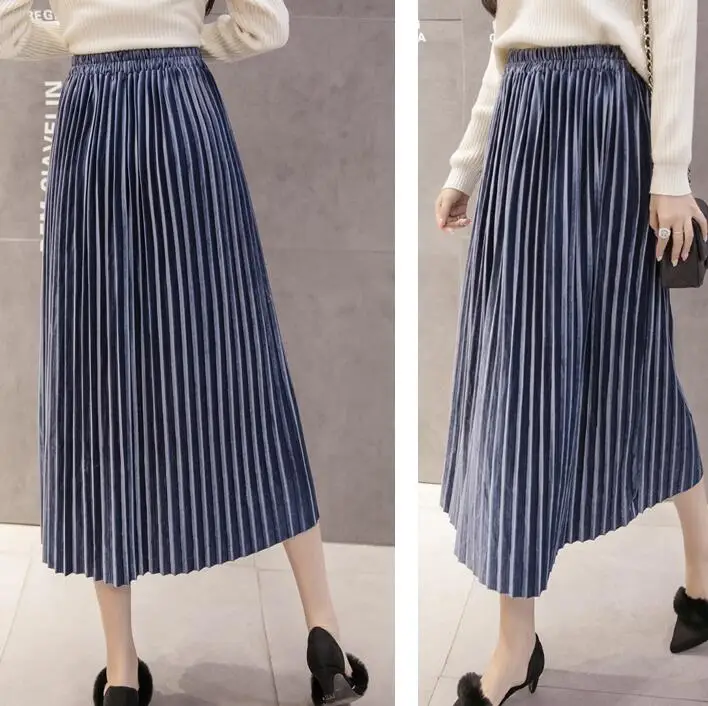blue skirt Длинная бархатная Женская плиссированная юбка Fladas Эластичная Высокая талия платье с открытыми плечами большой размер осень зима юбка женская Femme уличная - Цвет: blue skirt