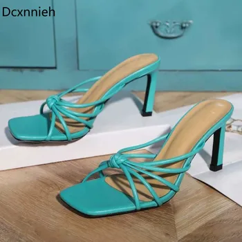

New Summer Green Netted High Heel Slippers Women Open Toe Cross Strap Sexy Shoes Crystal Decor Thin Heels Mules Shoes Woman