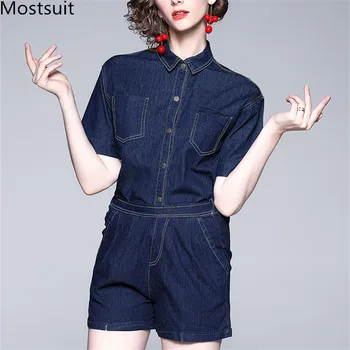 

2020 Summer Denim 2 Piece Sets Suits Women Short Sleeve Shirt + Elastic Waist Shorts Sets Casual Fashion Solid 2 Pcs Sets