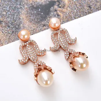

GG Jewelry 1.5'' Natural Pink Pearl Rose Gold Plated CZ Stud Earrings