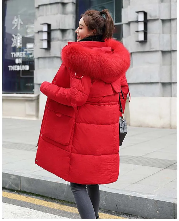 Большие зимние пальто с меховым воротником BF стильные женские тонкие толстые теплые пуховики хлопковая парка куртка средней длины с капюшоном и большим карманом верхняя одежда