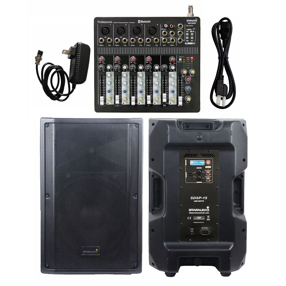 

STARAUDIO 15" 4500W PA 4-Ohm DJ Active DSP Speaker Powered Audio Speaker System 6 Channel MP3 USB Bluetooth Mixer System SDSP-15