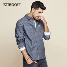 KUEGOU Осенняя хлопковая синяя рубашка с буквенным принтом, мужская повседневная приталенная рубашка на пуговицах с длинным рукавом для мужчин, брендовая блуза размера плюс 6957