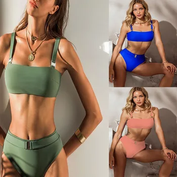 

New 2020 Solid color metal buckle bikini high quality bandage high waist sexy split swimsuit Women's swimwear