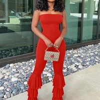 Women Strapless Bodycon Sexy Casual Jumpsuit Red Fashion New Backless Rompers Stacked Flared Pants Streetwear Overalls One Piece - Image 3