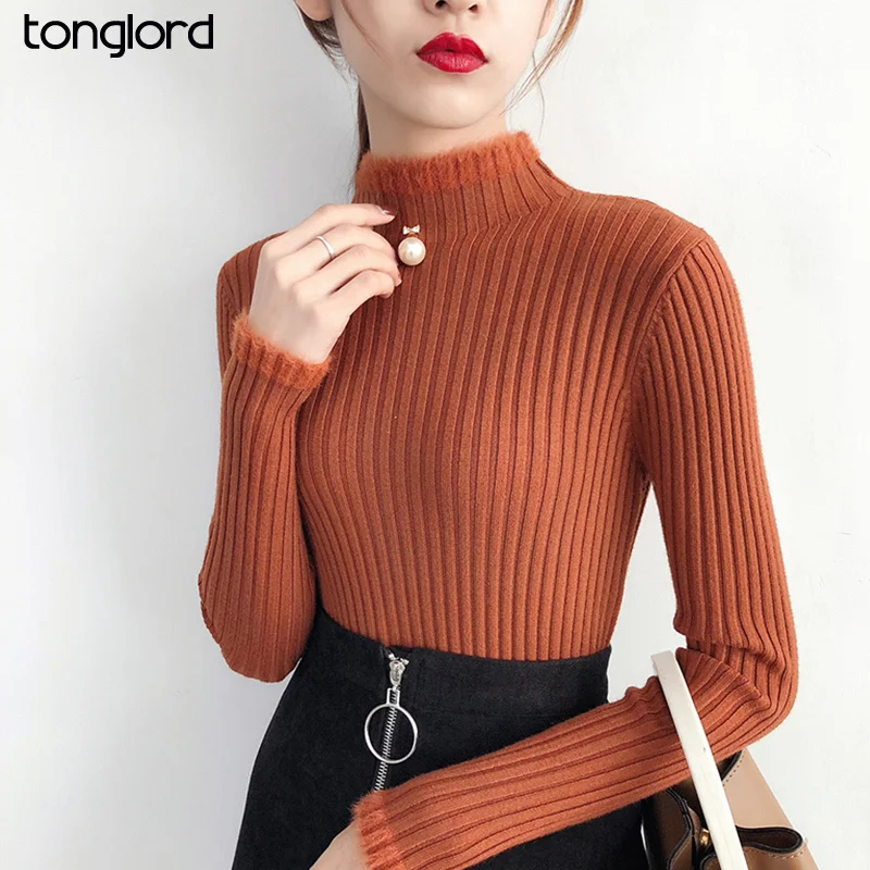 

Tonglord Sweater Women New Korean Casual Slim Casual Slimming Bottoming Shirt High Collar Solid Color Long-sleeved Pullover Top