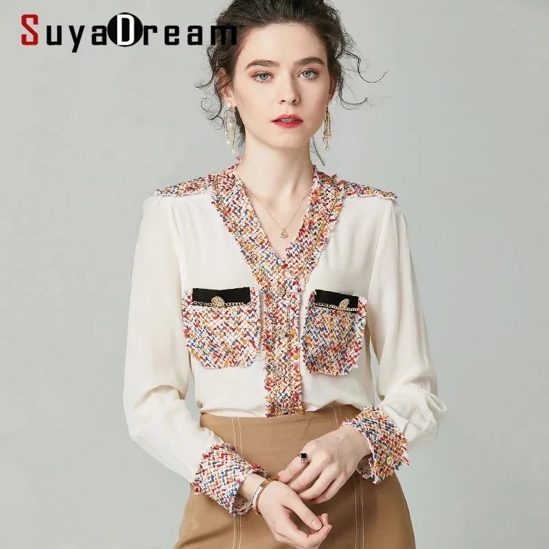 SuyaDream Женская офисная блузка из 100% шелка и крепдежа весна 2020 с длинными рукавами v