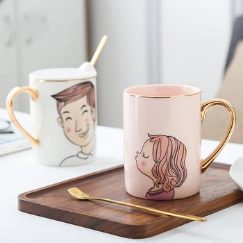 

Creative Porcelain Boy Girl Mugs Office Decor Birthday Wedding Cup Gift Ceramic for Coffee Milk Home with Lid Spoon Couple Style