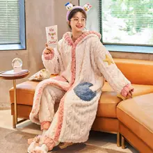 Pajama Woman Sleeping Robe Female Autumn Winter Long Section Thickened Velvet Cartoon Cute Hooded Bathrobe Pijamas Pajamas Set