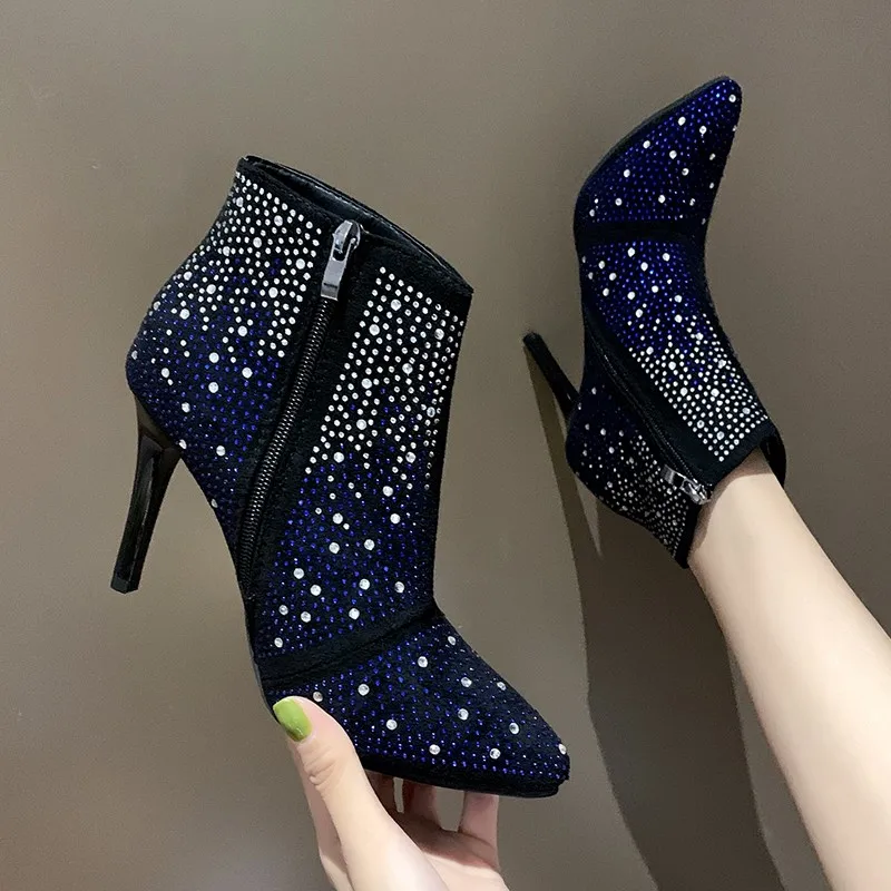 

Crystal Ankle Boots for Women Shoes Pointed Toe Autumn Winter Boots Female Thin High Heels Rivet Zipper Ladies Shoes Woman Boots