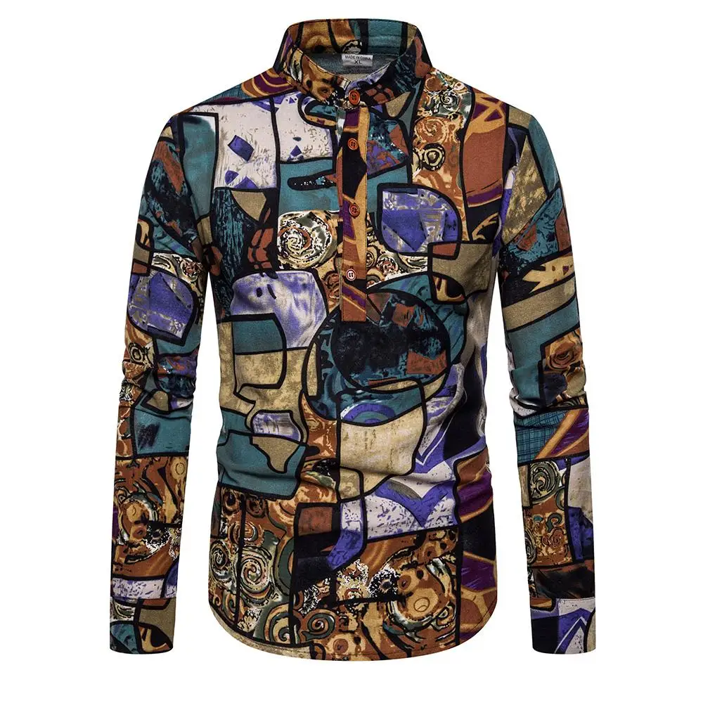 

Linen Shirts Men Plaid graffiti Stand collar Unique button design Long sleeves New Casual Floral Men's Shirt