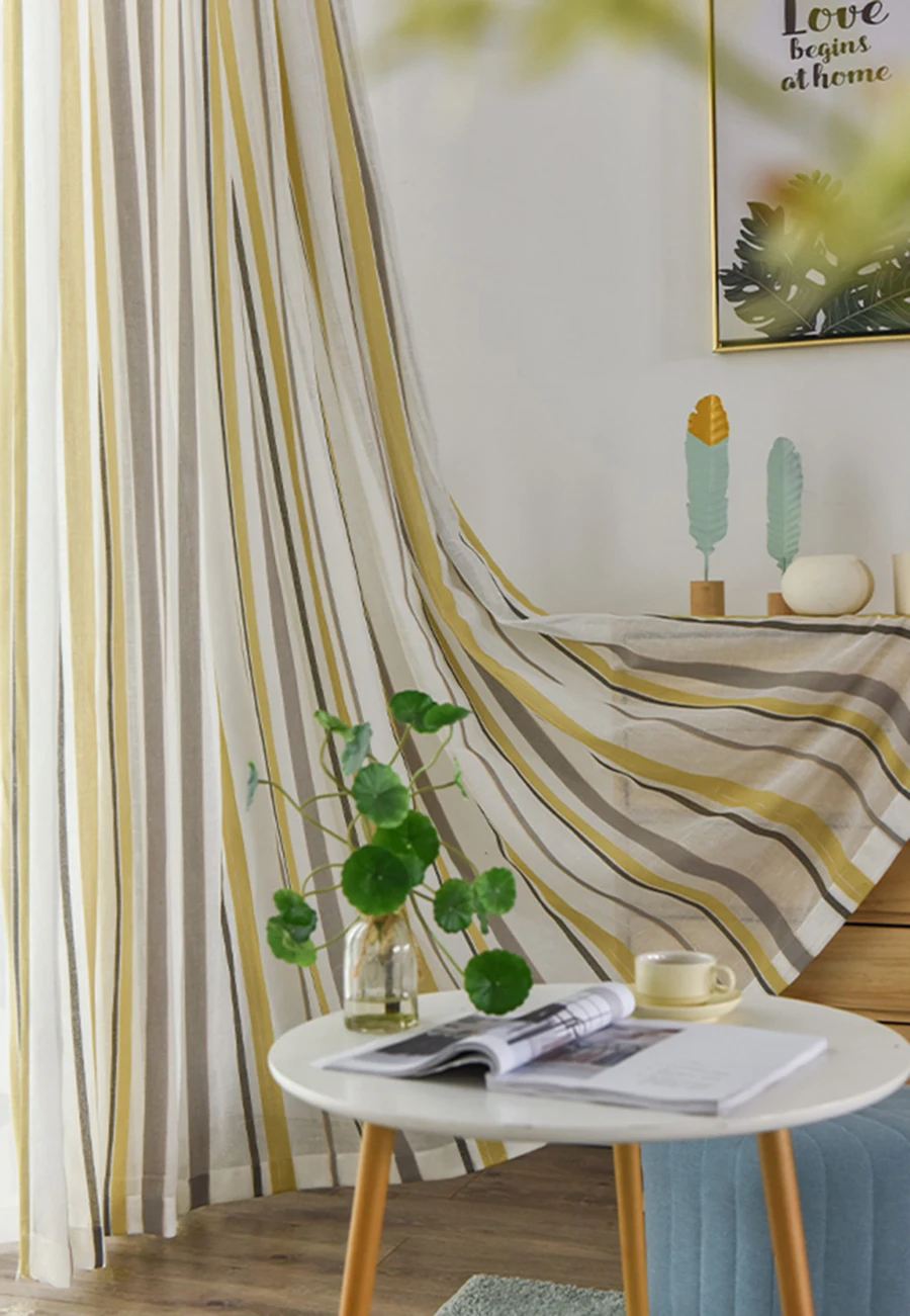 Modern Stripe Impermeable Cotton and Linen Window Curtain Tulle Nordic Thick Partition Semi-Shading Living Room Sheer Drapes#4
