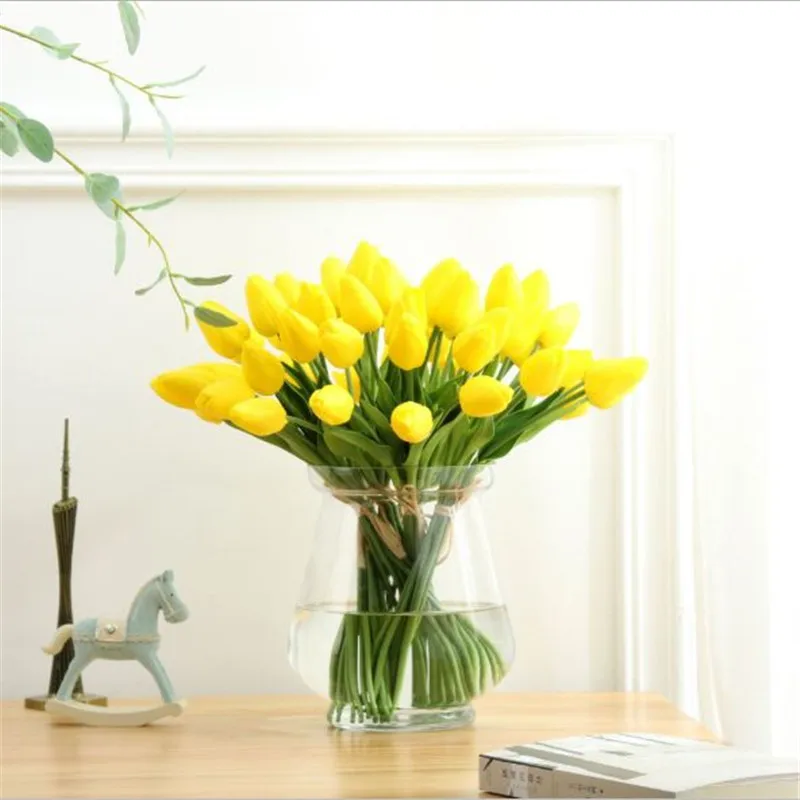 1PC Leaf Yellow 31 шт./лот, искусственные цветы-тюльпаны, искусственные цветы из искусственной кожи Калла, настоящие цветы для свадебного украшения, вечерние украшения для дома - Цвет: 1PC Leaf Yellow