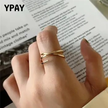 

YPAY 100% Genuine 925 Sterling Silver Open Rings for Women Korea INS Multi Lines Cross Adjustable Finger Ring Jewelry YMR1075