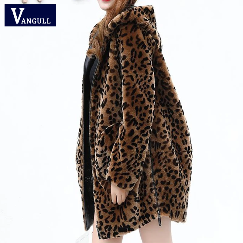 Vangull-abrigos de piel sintética de leopardo para mujer, chaqueta con capucha gruesa y cálida para invierno, chaqueta holgada de talla grande con cremallera de manga larga 2019